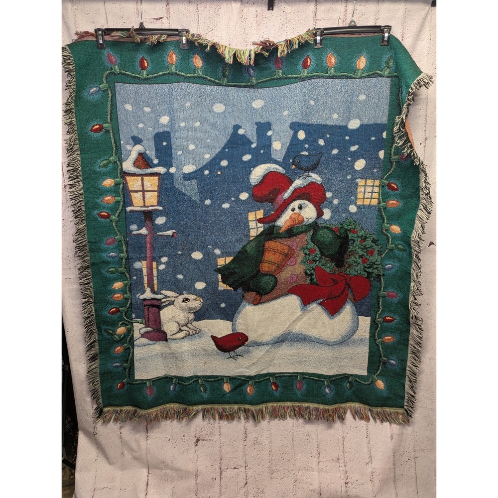 CHRISTMAS Snowman Throw‎ Blanket Tapestry  48x53 Fringe Mohawk Vintage